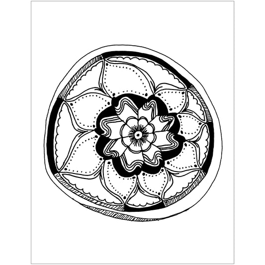 An eco-friendly art print of an ink drawing featuring an asymmetric mandala with a flower center. 