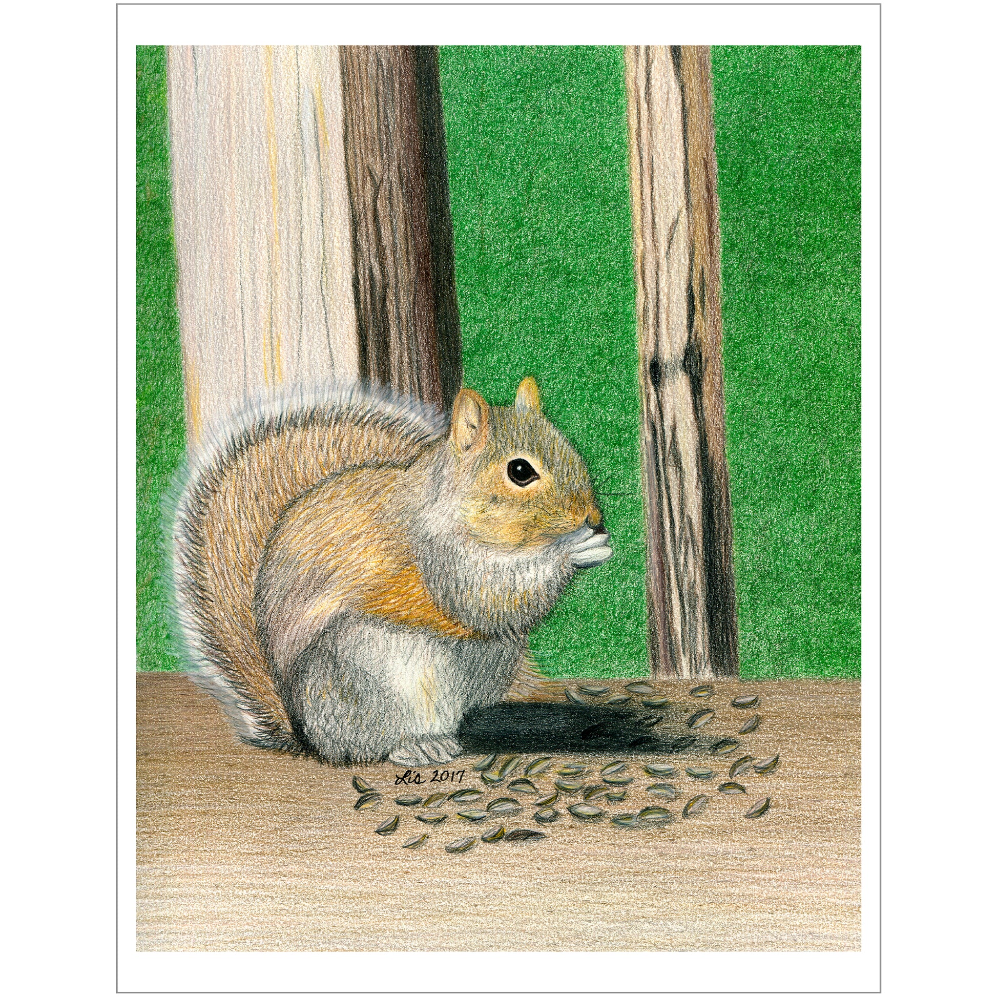 An eco-friendly art print featuring a colored pencil drawing of a cute squirrel enjoying a snack on a backyard deck.