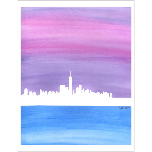 An eco-friendly art print of an alcohol ink painting of the NYC skyline. 