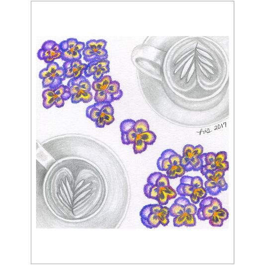 An eco-friendly art print of a graphite and colored pencil drawing of two coffee cups featuring coffee art on a table with pansy flowers.