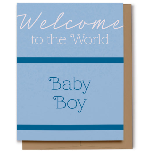 A simple blue "Welcome to the World Baby Boy" card.