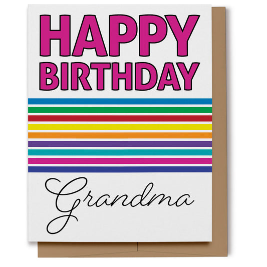 Bold Rainbow Happy Birthday Card has big bold purple letters at the top saying "Happy Birthday" with rainbow-colored stripes beneath and scripted text that reads, "Grandma".