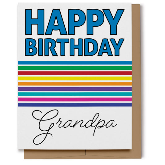 Bold Rainbow Happy Birthday Card has big bold purple letters at the top saying "Happy Birthday" with rainbow-colored stripes beneath and scripted text that reads, "Grandpa".