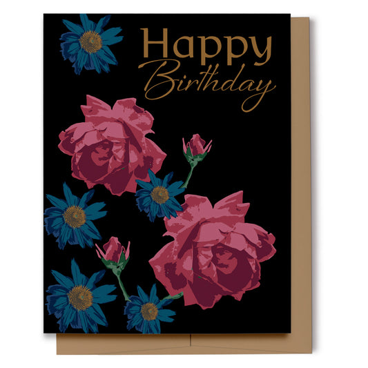 Happy Birthday card featuring pink roses and blue daisies on an almost black background with brownish text to simulate a coppery/gold color. 