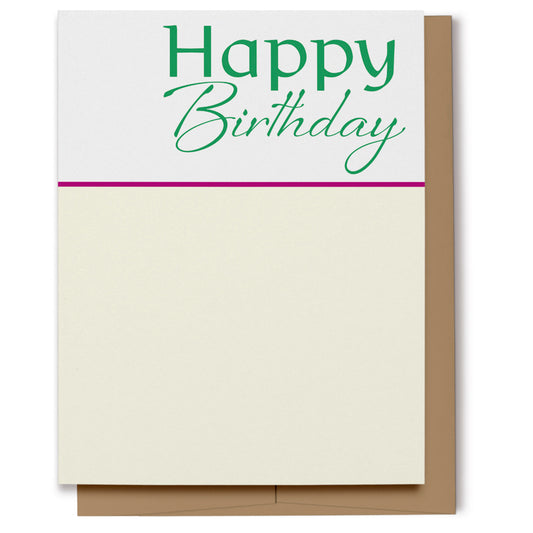 Simple cream, green, pink and white Happy Birthday card. 