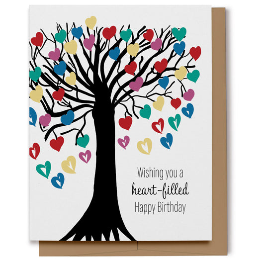 Happy Birthday card featuring a tree with colorful hearts as the leaves and reads, "Wishing you a heart-filled Happy Birthday."