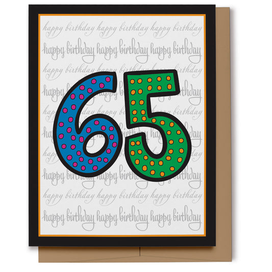 Fun card for a 65th birthday. Bold decorated numbers against a Happy Birthday patterned background.