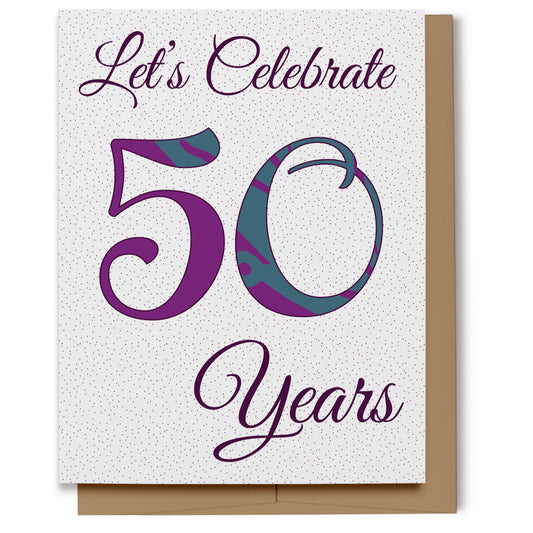Whether a birthday, anniversary or Jubilee, 50 years is something to celebrate! A simple card in purple and dark teal which reads, "Let's Celebrate 50 Years" in script text on a dotted background. 