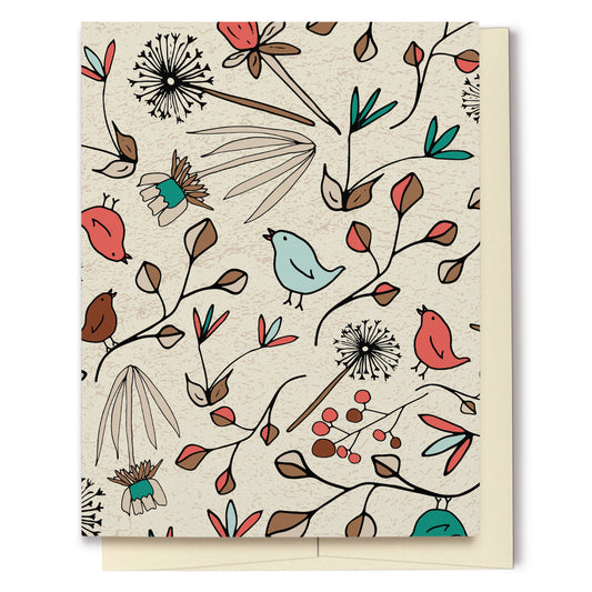 Flowers & Birds Cream Blank Card features a pattern with birds and flowers in shades of green, orange and brown on a cream background. The pattern extends over the back of the card too. 