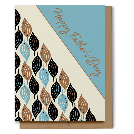 Happy Father's Day card with a pattern of blue, black and brown leaves on a cream background. Digitally hand drawn.