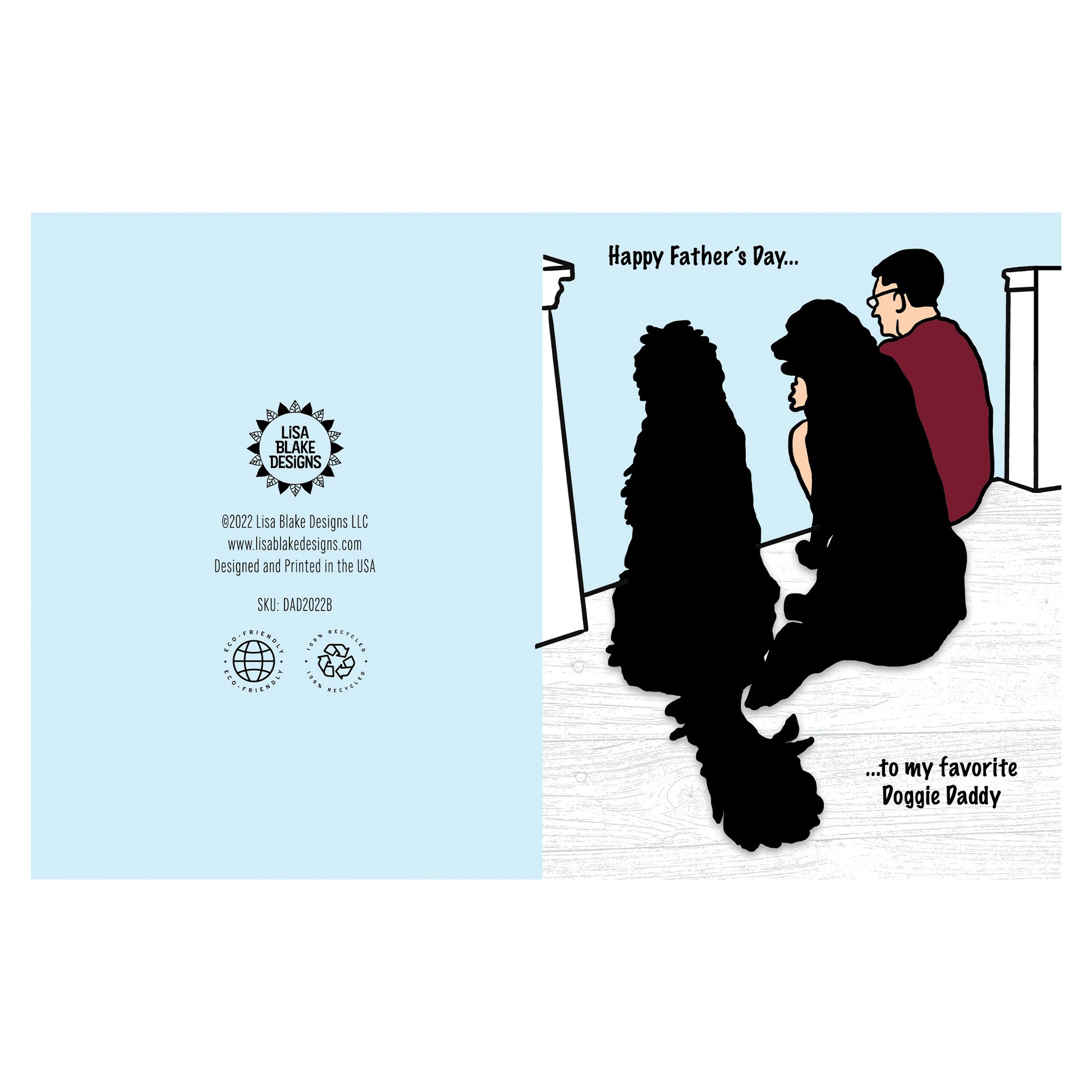 Full page display of Happy Father's Day Doggie Daddy Card. Digitally hand drawn inspired by a photo of my husband and our two dogs. Reads, "Happy Father's Day to my favorite Doggie Daddy".