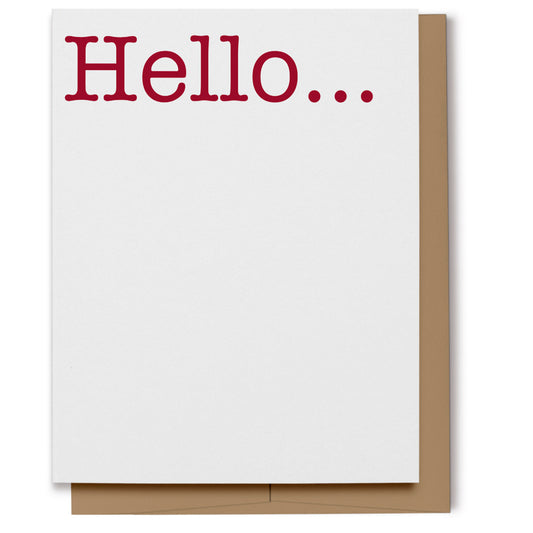 Simple card with red lettering which reads, "Hello...".