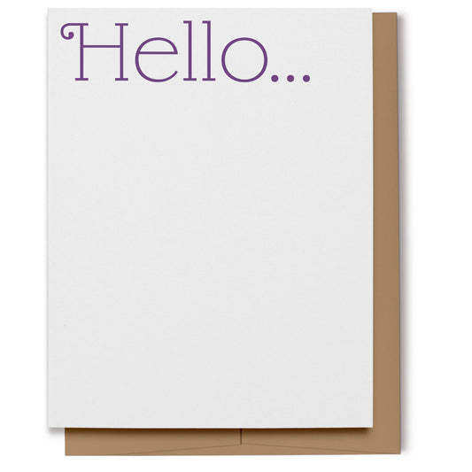 Simple card with purple lettering which reads, "Hello...".