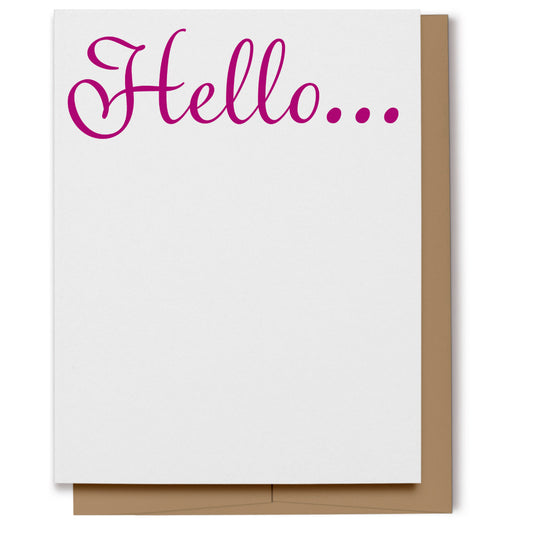 Simple card with pink script lettering which reads, "Hello...".
