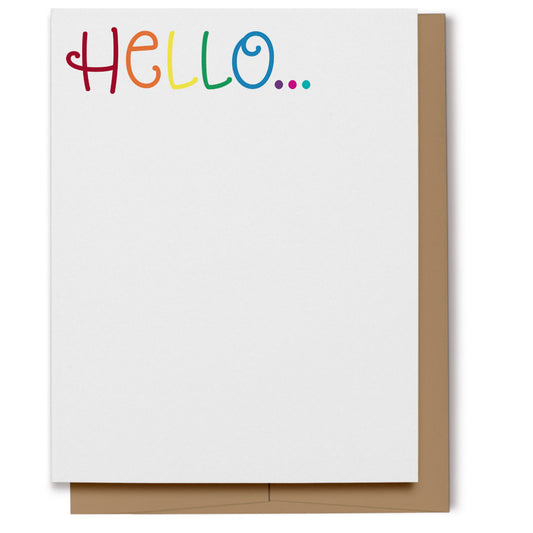 Simple card with rainbow-colored lettering which reads, "HELLO...".