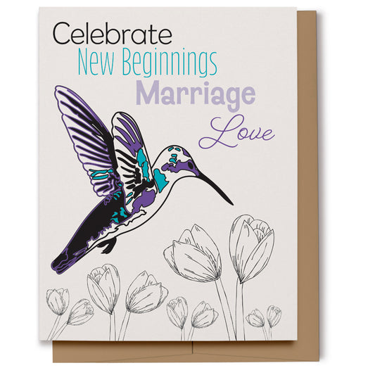 Celebrate new beginnings, marriage and love with this card featuring a black, purple and turquoise hummingbird with line drawn tulips on a creamy background. Digitally hand drawn.