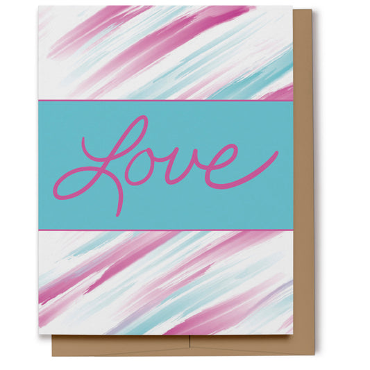 Aqua & Pink Love Card features a aqua and pink watercolor background and an aqua color block with "Love" hand lettering.