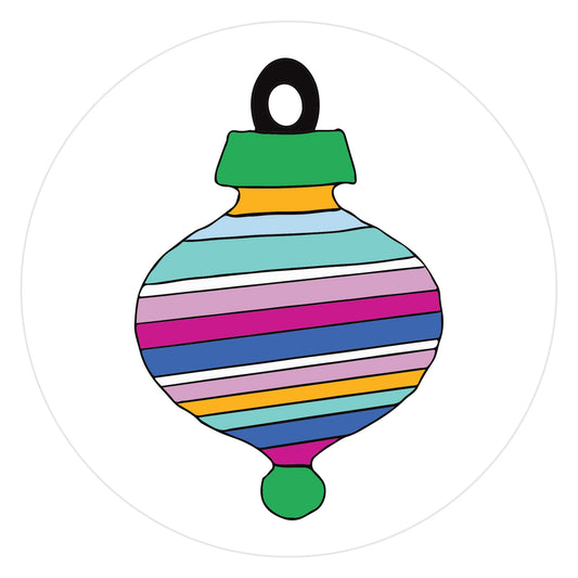 Mockup of Pink and Blue Retro Ornament envelope seals featuring a hand drawn retro ornament colored with green, blue, pink, orange and white stripes outlined in black.