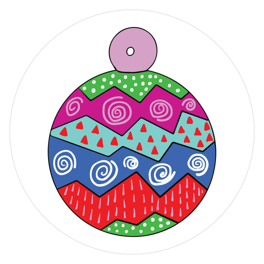 Mockup of Pink and Blue Round Ornament envelope seals featuring a hand drawn round ornament colored with green, blue, pink, and red zigzag stripes, outlined in black, with decorative white and pink swirls, white dots, pink dashes and red triangles.