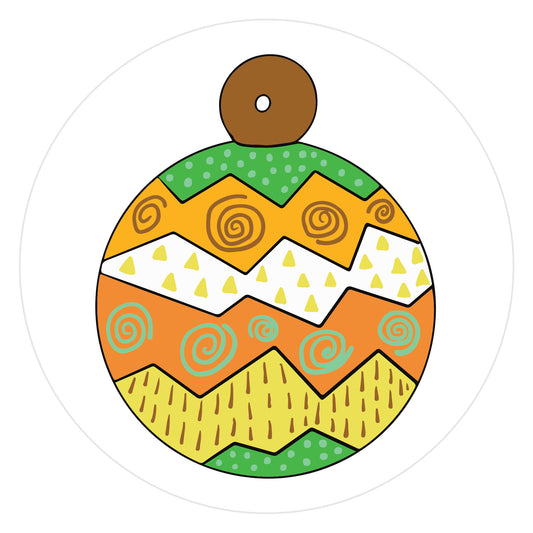 Mockup of Orange and Green Round Ornament envelope seals featuring a hand drawn round ornament colored with green, yellow, white and orange zigzag stripes, outlined in black, with decorative brown and green swirls, green dots, brown dashes and yellow triangles.
