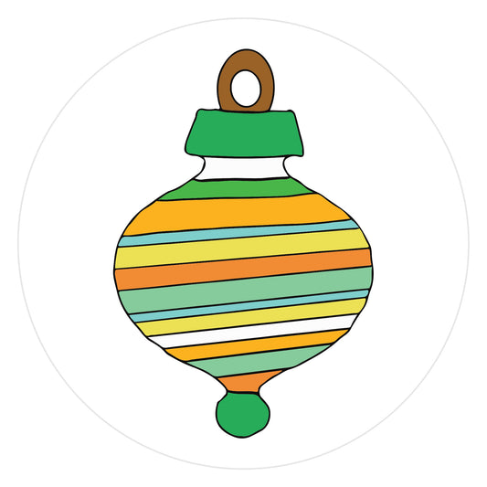 Mockup of Orange and Green Retro Ornament envelope seals featuring a hand drawn retro ornament colored with green, yellow, orange and white stripes outlined in black.