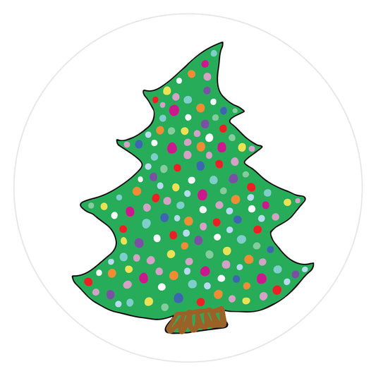 Mockup of Aqua Christmas Tree envelope seals featuring a hand drawn Christmas tree colored in green, with a brown trunk and multi-colored dots to simulate lights.